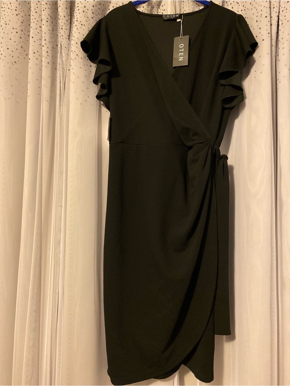 OTEN NWT SIZE XL BLACK FLUTTER SLEEVE FAUX WRAP DRESS